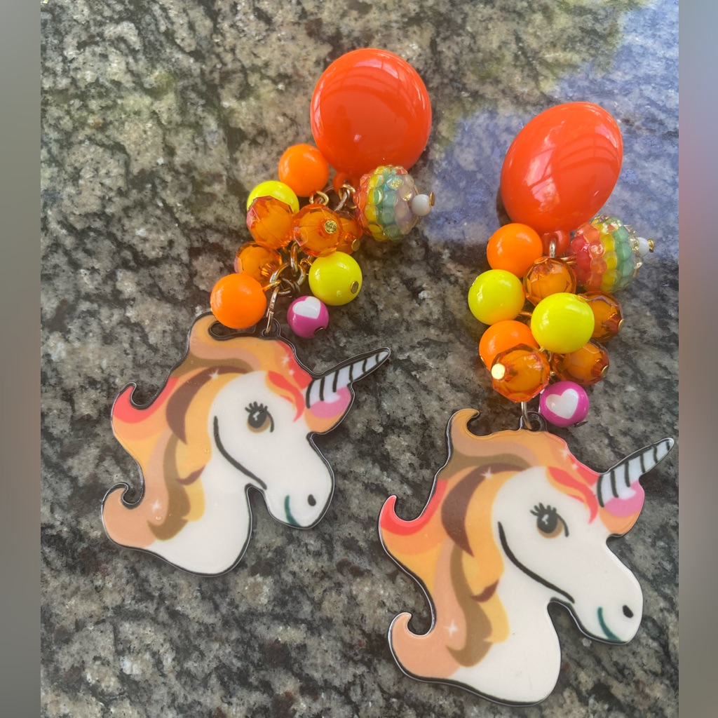 Rainbow Large Unicorn Bead Charm Earrings Sherbet Orange Pride Dangle Pony